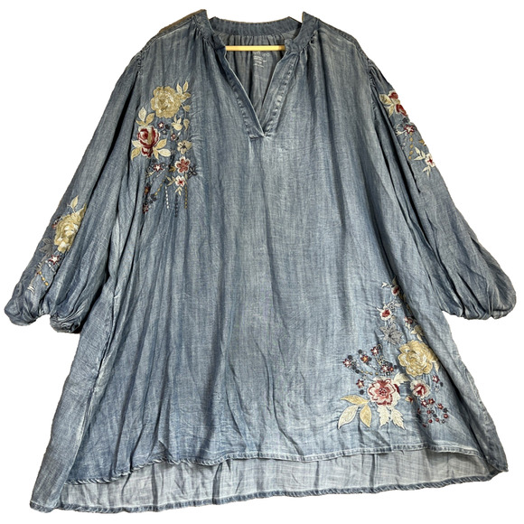 Karyn Seo Dress Large Blue Tencel Chambray Boho Floral Embroidery Pockets NEW - Picture 1 of 14